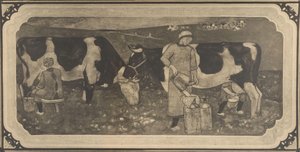 Fotoreprodução de desenho de desenho com mulheres camponesas e vacas para vitrais por Richard Roland Holst de Cornelis Albertus Deul