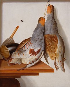 Trompe l&39;Oeil de duas perdizes penduradas em um prego de Cornelis Biltius
