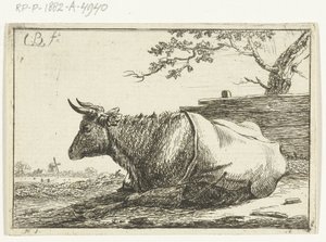 Paisagem com uma vaca deitada com uma capa traseira