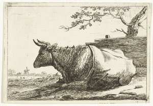 Paisagem com uma vaca deitada com uma capa traseira