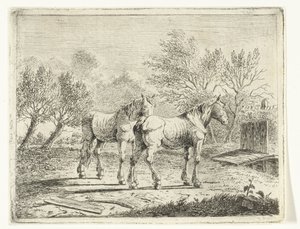 Paisagem de pastagem com dois cavalos perto de uma ponte e fazenda