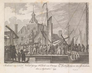 Chegada do príncipe ferido Willem George Frederik em Rotterdam, 1793 Chegada de Z.D.H. Willem George Fredrik van Oranje, em Rotterdam, após seus ferimentos, 15 de setembro de 1793 (título no objeto) de Cornelis Brouwer