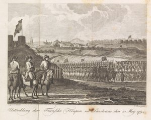 Tropas francesas deixando Landrecy, 1794 Extração do Troupen francês de Landrecies den 11 de maio de 1794 (título no objeto)
