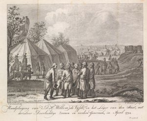 William V com seus filhos no acampamento do exército, 1794 Consulta de Z.D.H. Guilherme Quinto, no Exército do Estado, com Seus Serenes Filhos e Outros Generais, em abril de 1794 (título no objeto)