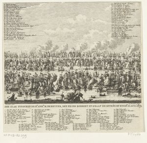 Batalha marítima em Kijkduin, 1673
Batalha marítima entre o Hr. adml. M. de Ruiter, príncipe da densa Robbert e conde de Estrée por Kykdn. 21 Ago. 1673 (título sobre o objecto)