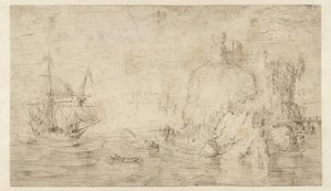 Paisagem marítima com um navio perto de uma ilha de Cornelis Claesz van Wieringen (attributed to)
