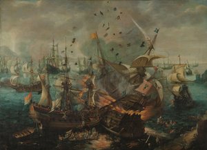 Batalha de Gibraltar em 1607
A explosão da bandeira espanhola durante a Batalha de Gibraltar, 25 de Abril de 1607
