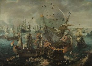 A Explosão da Bandeira Espanhola durante a Batalha de Gibraltar, c.1621 (óleo sobre tela)