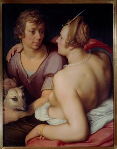 Pintura Venus e Adonis por Cornelis Van Haarlem (1562-1638) Sol do século XVII. 0,95x0,74 m Caen, Museu de Belas Artes