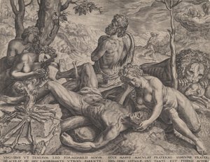 Adão e Eva lamentando a morte de Abel, 1564. de Cornelis Cort