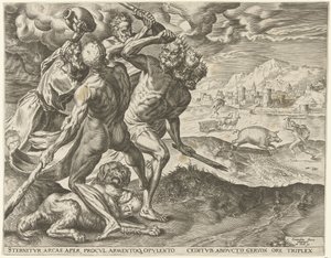 Hércules mata Geryon e o seu cão
Obras de Hércules (título da série) de Cornelis Cort