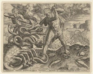 Hércules supera a hidra de Lerna
Obras de Hércules (título da série) de Cornelis Cort