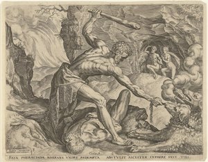 Hércules arrasta Cerberus para fora do inferno Trabalhos de Hércules (título da série) de Cornelis Cort