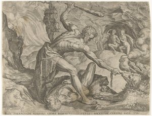 Hércules arrasta o Cerberus para fora do inferno
Obras de Hércules (título da série) de Cornelis Cort