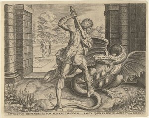 Hércules rouba as maçãs douradas das Hespérides
Obras de Hércules (título da série) de Cornelis Cort