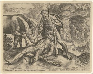 Hércules alimenta Diomedes para seus cavalos Trabalhos de Hércules (título da série) de Cornelis Cort