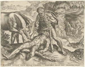 Hércules alimenta Diomedes para seus cavalos Trabalhos de Hércules (título da série) de Cornelis Cort