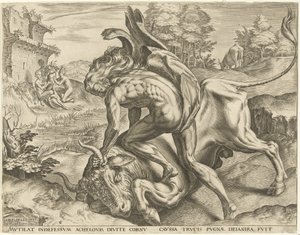 Hércules luta com Acheloüs
Obras de Hércules (título da série) de Cornelis Cort