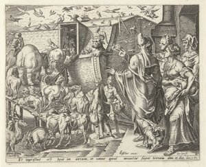 Noé embarcou na arca com sua família e os animais História de Noé (título da série) de Cornelis Cort