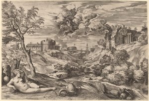 Paisagem com Roger Liberating Angelica de Cornelis Cort after Titian
