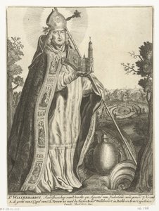 Saint Willibrord como arcebispo com modelo de igreja de Dom em Utrecht St. Willebrord (título no objeto) de Cornelis Danckerts (I)