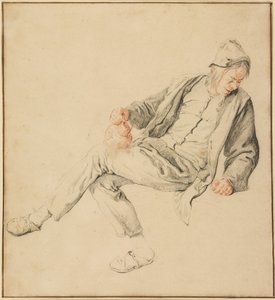 Um camponês sentado, olhando para baixo à direita, segurando um jarro de Cornelis Dusart