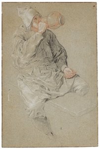 Um homem sentado a beber de um jarro de barro com um cachimbo na mão (giz sobre papel) de Cornelis Dusart