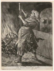 Uma mulher acende um foguete luminoso, estampa 5 da série «Alegria geral pelo cerco de Namur por Guilherme III, 1695» de Cornelis Dusart