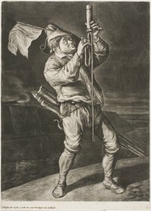 Homem acendendo um foguete, também chamado de paz é melhor que uma vitória, de Communia Gaudia (A alegria generalizada no cerco de Namur) de Cornelis Dusart