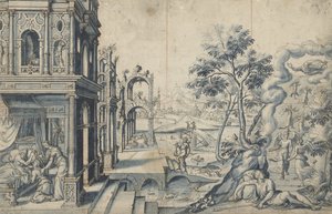 Jacob recebe a bênção de Isaac; a escada de Jacob de Cornelis Floris (II)