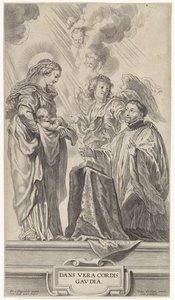 Um santo desconhecido (Inácio de Loyola?) ajoelha-se diante de Maria grávida de Cornelis Galle (II)