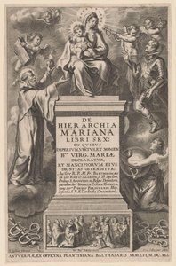 Maria entronizada com o Menino Folha de rosto para: B. de los Rios, De hierarchia Mariana libri sex, Antuérpia: 1641