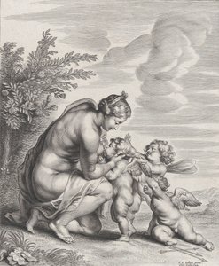 Vênus amamentando três Cupidos em uma paisagem, ca. 1627-78. de Cornelis Galle II