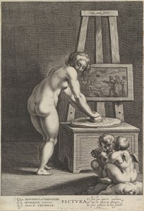 Pictura: alegoria da pintura, com uma mulher nua ao centro moendo pigmentos, dois p..., ca. 1610-50.