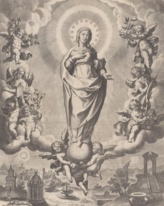 A Virgem na Glória, de pé sobre as nuvens e rodeada de anjos segurando os símbolos..., 1595-1633.