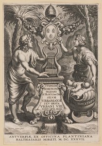 Página de rosto para Stephanus Simonini, Silvae Urbaninae de Cornelis Galle I after Sir Peter Paul Rubens