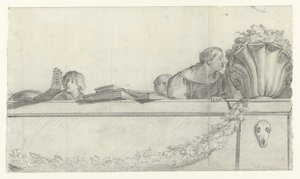 Pessoas em uma balaustrada com festões Desenhos para pinturas murais no Castelo de Honselaersdijk (título da série) de Cornelis Holsteyn
