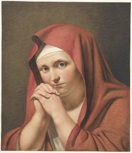 Mulher de vermelho, com as mãos postas