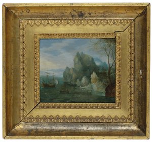 Uma paisagem costeira rochosa com figuras na costa e uma galera atracada (óleo sobre cobre) de Cornelis Liefrinck