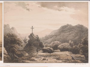 Paisagem de montanha com cruz sobre uma rocha