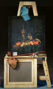 Cavalete do pintor com frutas ainda vida