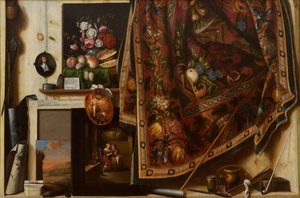 Ilusão de óptica. Um gabinete no estúdio do artista de Cornelis Norbertus Gysbrechts