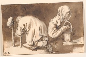 Um homem ajoelhado e uma mulher com uma cesta de Cornelis Pietersz Bega