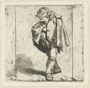 Homem de pé com a mão direita no peito enfiada no manto de Cornelis Pietersz. Bega