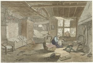 Interior com mulher por berço de Cornelis Ploos van Amstel (signed by artist)