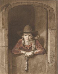 Rapaz inclinado sobre uma porta inferior de Cornelis Ploos van Amstel (signed by artist)