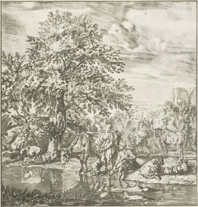 Pastor e pastora com rebanho junto a um rio
Trabalho de impressão (título da série) de Cornelis Ploos van Amstel