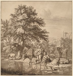 Pastor e pastora com seu rebanho de Cornelis Ploos van Amstel after Adriaen