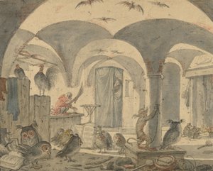 Uma adega encantada com animais de Cornelis Saftleven