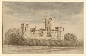 Ruínas de castelo, cobertas de arbustos densos de Cornelis Saftleven